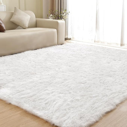 White Rugs for Living Room 6x9 Area Rugs for Bedroom Large Washable Faux Sheepskin Fluffy Fur Rug Nursery Rugs Room Décor