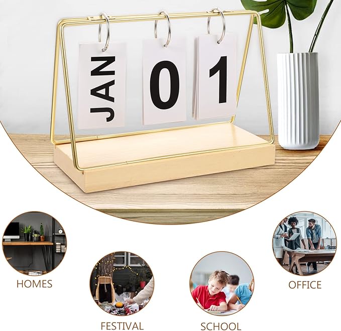 Perpetual Flip Calendar 2023 Wood Block Daily Calendar Metal Flip Christmas Countdown for Farmhouse Office Wedding Desktop Decor Golden