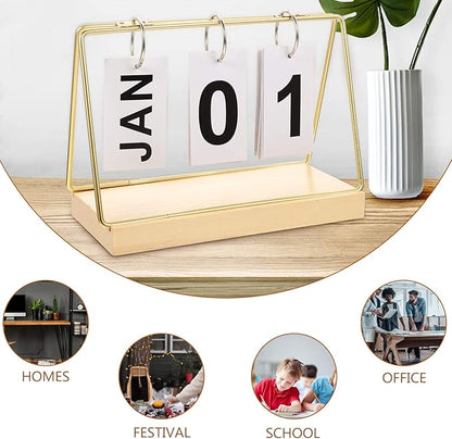 Perpetual Flip Calendar 2023 Wood Block Daily Calendar Metal Flip Christmas Countdown for Farmhouse Office Wedding Desktop Decor Golden