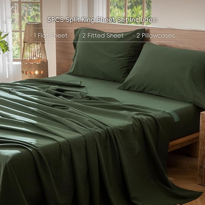 MooMee Bedding Sheet Set 100% Washed Cotton Linen Like Textured Breathable Durable Soft Comfy (Solid Forest Green, Split King)