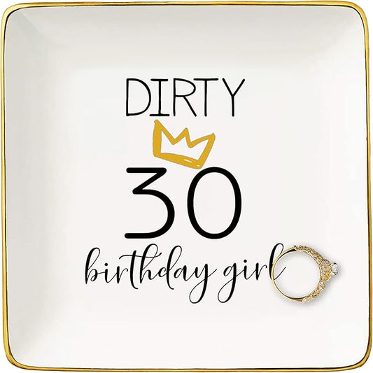 Topthink Dirty 30 Birthday Girl-Funny 30th Birthday Gift for Women,Her,Sister,Daughter,Best Friend,Coworker-Turning Thirty Gift-30 Years Old Present-Ceramic Jewelry Holder Ring Dish Trinket Tray