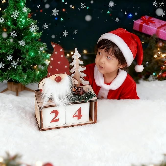 Christmas Wooden Countdown Calendar with Number Blocks – Santa Gnome Tabletop Advent for Christmas and Everyday Use | Holiday & Daily Decoration for Home, Office, Classroom (Red)