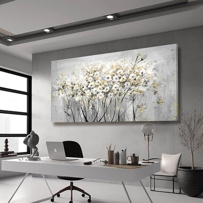 Flowers Canvas Wall Art White Paintings Grey Gold Contemporary Artwork Master Bedroom Wall Decor 29"x 58" Large Framed Art for Living Room Office Home Decor