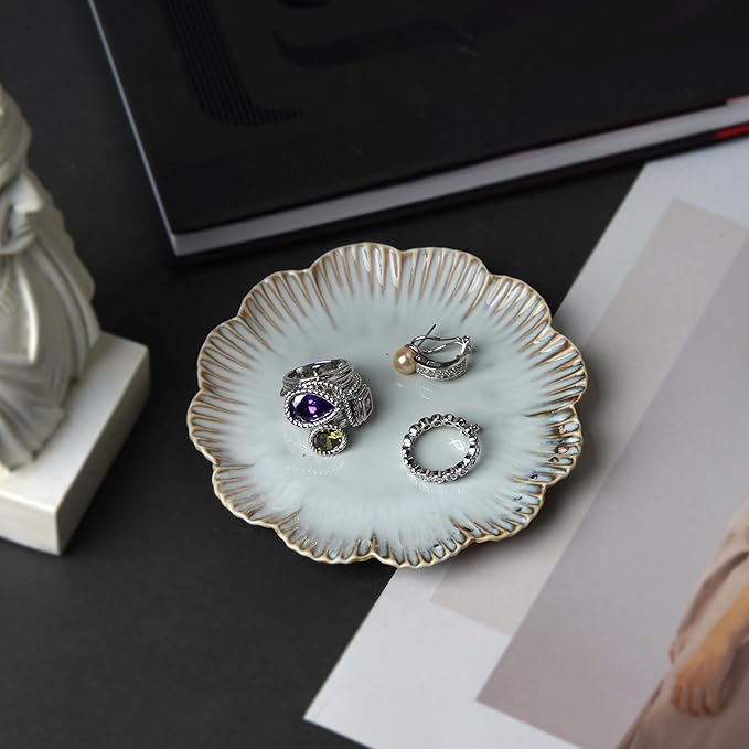 Ceramic Jewelry Dish, Decorative Tray for Rings Earrings Necklaces Bracelet Watch Keys, 4.50" Trinket Tray as Gifts for Women (Reactive Flower)