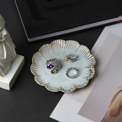 Ceramic Jewelry Dish, Decorative Tray for Rings Earrings Necklaces Bracelet Watch Keys, 4.50" Trinket Tray as Gifts for Women (Reactive Flower)