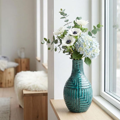 hjn Teal Hand-Glazed Ceramic Vase - 9.4" H Modern Decorative Centerpiece Vase for Fresh/Dried Flowers, Home Decor for Living Room Bookshelf Mantel | Wedding Housewarming Gift