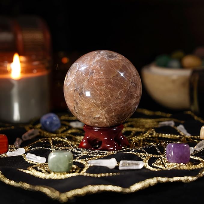 mookaitedecor Natural Orange Moonstone Crystal Ball with Resin Stand, Decorative Stone Sphere Ball for Feng Shui Meditation Divination Home Decor, 2.8-3.15 Inch (71-80 mm)