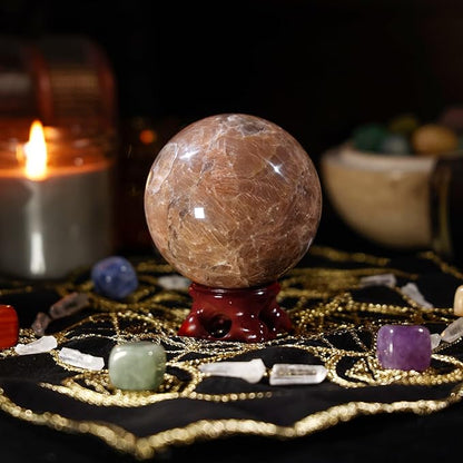 mookaitedecor Natural Orange Moonstone Crystal Ball with Resin Stand, Decorative Stone Sphere Ball for Feng Shui Meditation Divination Home Decor, 2.8-3.15 Inch (71-80 mm)