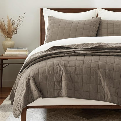 EVERGRACEHOME 100% Cotton Box Stitch Quilt Bedding Set Queen Size 3 Pieces, Garment-Washed Lightweight Soft Cozy Coverlet, Quilted Bedspread Sets with 2 Shams for All Season, Mocha Brown