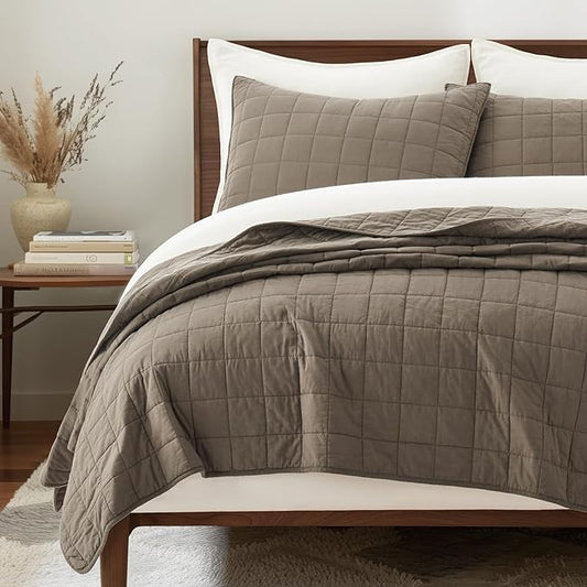 EVERGRACEHOME 100% Cotton Box Stitch Quilt Bedding Set Queen Size 3 Pieces, Garment-Washed Lightweight Soft Cozy Coverlet, Quilted Bedspread Sets with 2 Shams for All Season, Mocha Brown