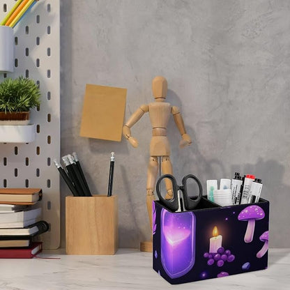 Leather Table Pen Organizer Pencil Pen Holder Office Home Desk Organize Gothic Magic Witch Witchy Trippy Purple Mushrooms