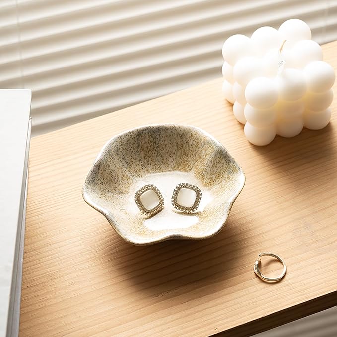 Ceramic Ring Dish, Jewelry Dish Holder, Small Trinket Tray Plate for Earrings Rings Necklaces Keys, Gift for Mom Friend Sister on Birthday Mother's Day Christmas (Camel Surface)