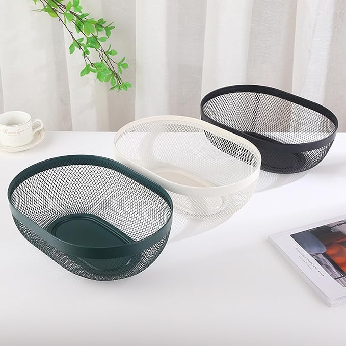 Metal Mesh Steel Basket, Oval Metal Wire Storage Organizer Baskets Multi Functional Kitchen Baskets Countertop Fruit Baskets Garden Harvest Basket for Picnic Decor Cabinet Home, Blackish Green