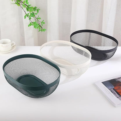 Metal Mesh Steel Basket, Oval Metal Wire Storage Organizer Baskets Multi Functional Kitchen Baskets Countertop Fruit Baskets Garden Harvest Basket for Picnic Decor Cabinet Home, Blackish Green