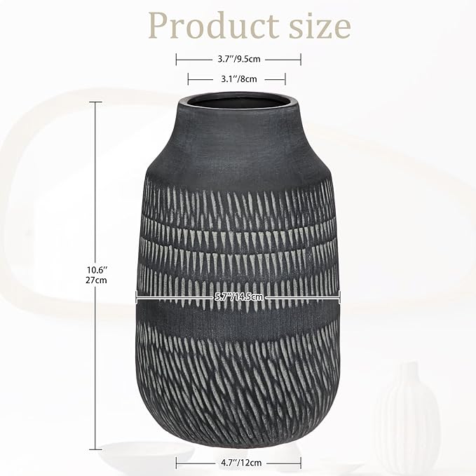 11" Rustic Farmhouse Vase with Linear Stripe, Antique Ceramic Vase Handmade in Pottery, Decorative Vintage Style for Home, Living Room, Shelf & Entryway Decor, Dark Gray