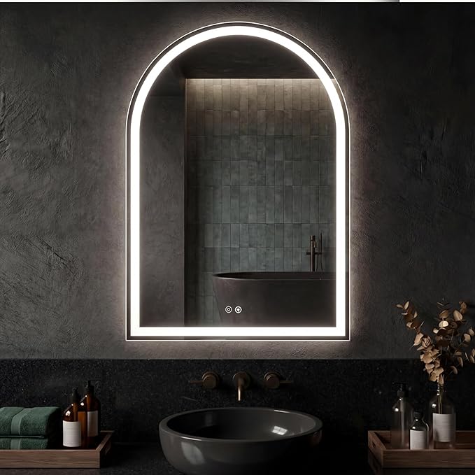 Sweetcrispy 28"×36" LED Bathroom Mirror with Lights, Arched Vanity Mirror with Anti-Fog, Dimmable, 3-Color Light, Memory Function, Tempered Glass