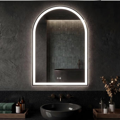 Sweetcrispy 28"×36" LED Bathroom Mirror with Lights, Arched Vanity Mirror with Anti-Fog, Dimmable, 3-Color Light, Memory Function, Tempered Glass