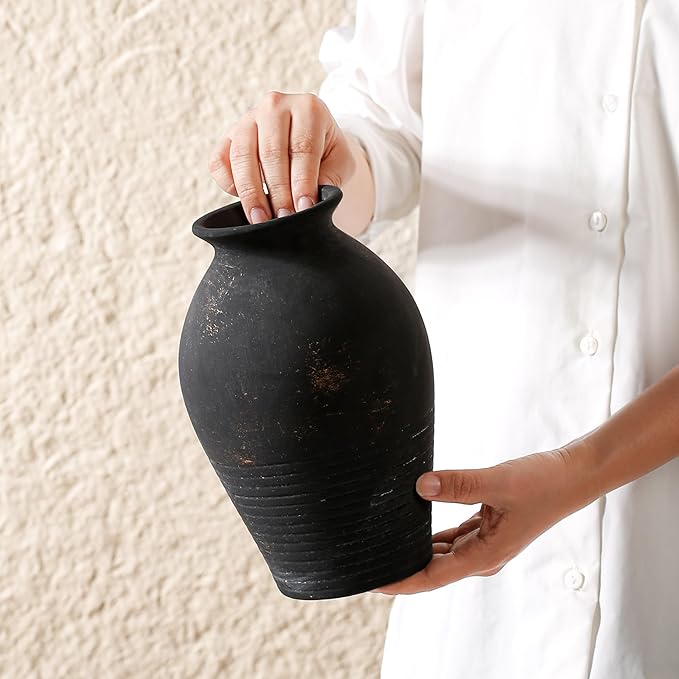 Black Ceramic Flower Vase, 9.17 Inch Pottery Rustic Vase for Shelf,Tabletop, Vintage Farmhouse Home Decor for Coffee Table, Living Room,Mantle, Fireplace, Entryway