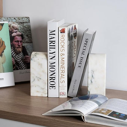 Koville Natural Marble Bookends for Shelves, 7lbs Heavy-Duty Marble Book Holders, Decorative Book Ends, Bookshelf Apartment Decor for Normal Books/CD/Video Games