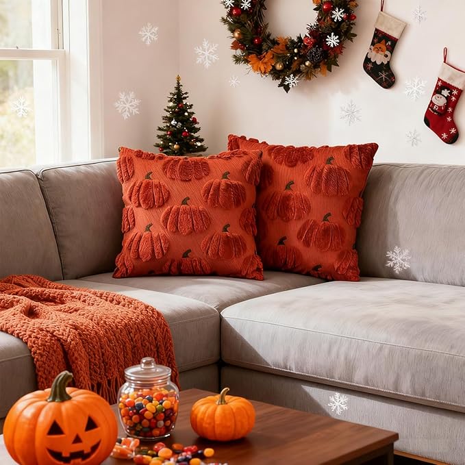 Fall Pumpkin Decorative Throw Pillow Covers 20x20 Set of 2 Pillow Covers, Faux Fur Square Pillow Cover Fluffy Plush Accent Throw Pillow Case, Throw Pillow Cover Cushion Cover for Autumn, Rust Red