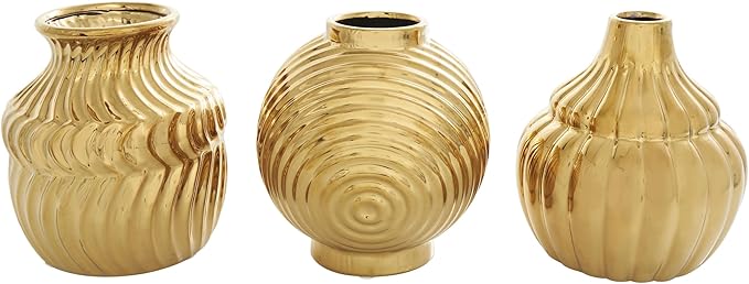 Deco 79 Ceramic Abstract Decorative Vase Small Textured Centerpiece Vases with Varying Shapes and Patterns, Set of 3 Flower Vases for Home Decoration 5" W, 6" H, Gold