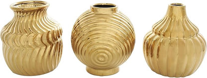 Deco 79 Ceramic Abstract Decorative Vase Small Textured Centerpiece Vases with Varying Shapes and Patterns, Set of 3 Flower Vases for Home Decoration 5" W, 6" H, Gold