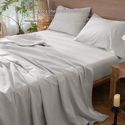 MooMee Bedding Sheet Set 100% Washed Cotton Linen Like Textured Breathable Durable Soft Comfy (Solid Light Blueish Grey, King)