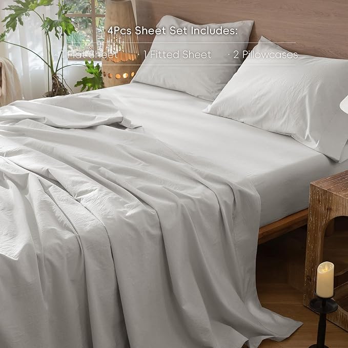 MooMee Bedding Sheet Set 100% Washed Cotton Linen Like Textured Breathable Durable Soft Comfy (Solid Light Blueish Grey, Queen)