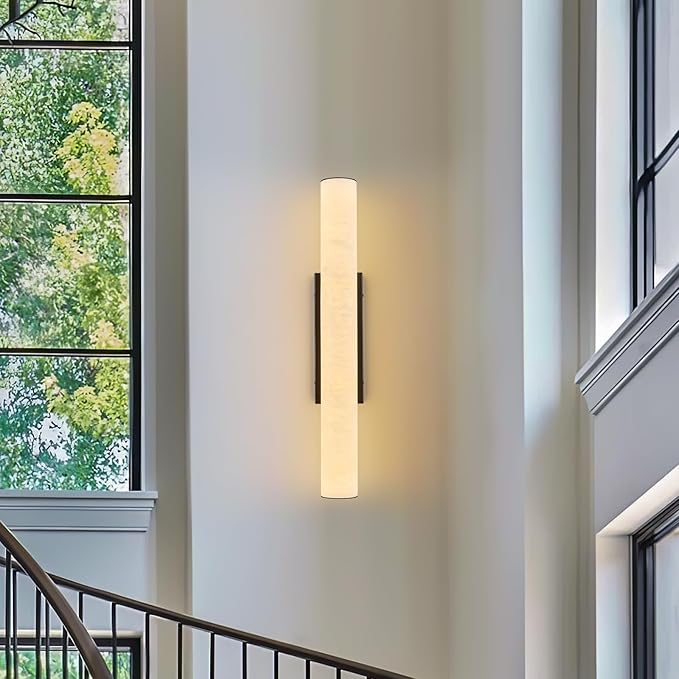 LMQNINE Natural Alabaster Wall Sconces Spanish Marble Wall Light Cylinder Modern Black LED Sconce for Living Room Bedroom Bathroom Stairs（M-1Pack）
