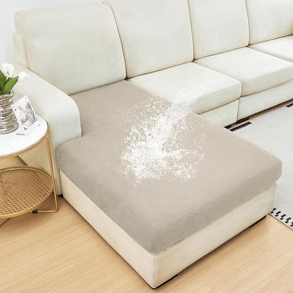 NAISI Waterproof Couch Cushion Covers Thick Velvet Fabric Washable Sofa Slipcovers 1 Piece Individual Sectional Couch Covers with Elastic Bottom(1 PC for Chaise Lounge,Light Taupe)