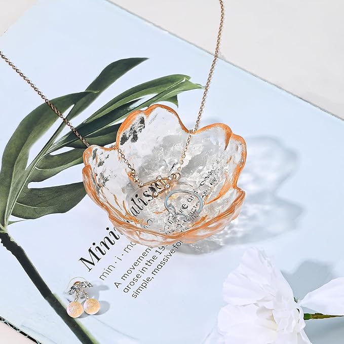 Koythin 2-Piece Glass Jewelry Tray, Mini Ring Dish for Necklace Earring Bracelet, Cute Trinket Tray for Engagement Vanity Bathroom, Crystal Floral Aesthetic Key Bowl for Women Girl Mom (Amber)
