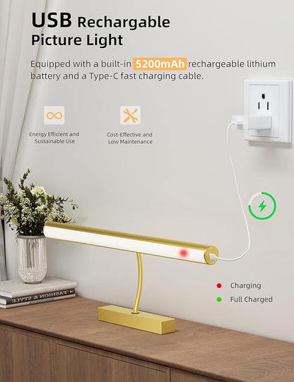VOLISUN 16 inch Picture Lights for Wall, Rechargable Picture Light Battery Operated, 3 Color Temperatures Cordless Picture Light with Remote, Art Light for Paintings, Gallery, Portrait, 1 Pack (Gold)