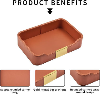 Luxury Leather Valet Tray Desktop Storage Organizer,Bedside Vanity Catchall Tray Nightstand Caddy Holder for Cosmetic,Jewelry,Watch,Keys,Phone,Wallet,Remote Controller,Pen,Orange