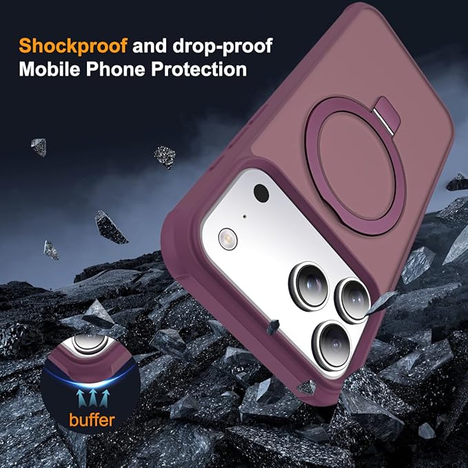 Compatible with iPhone 17 Pro Max Case with Invisible Magnetic O-Ring Stand Military-Grade Translucent Case for iPhone 17 ProMax 6.9" [Compatible with Mag-Safe][Great Grip Feeling],Wine Red