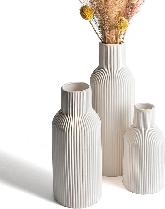 White Ceramic Vases Set of 3 - Modern Matte Ribbed Vases for Pampas Grass & Dried Flowers - Minimalist Decorative Centerpieces for Living Room, Shelf, Entryway & Wedding (Not for Water)