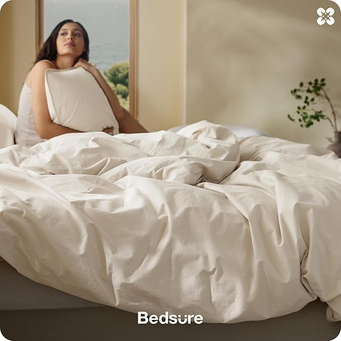 Bedsure Cotton Duvet Cover King - Luxury Slub Weave 100% Cotton Duvet Cover with a Linen Like Textured, Easy Change Durable Bedding, Ivory, 104" x 90"