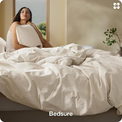Bedsure Cotton Duvet Cover Queen Size - Luxury Slub Weave 100% Cotton Duvet Cover with a Linen Like Textured, Easy Change Durable Bedding, Ivory, 90" x 90"