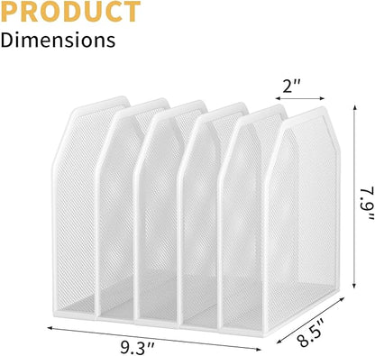 Vertical File Organizer for Desk - Metal Mesh File Holder with 5 Compartments, File Folder Rack & Document Storage Stand, File Sorter for Office/Home/School Use - 9.3" x 8.5" x 7.9"