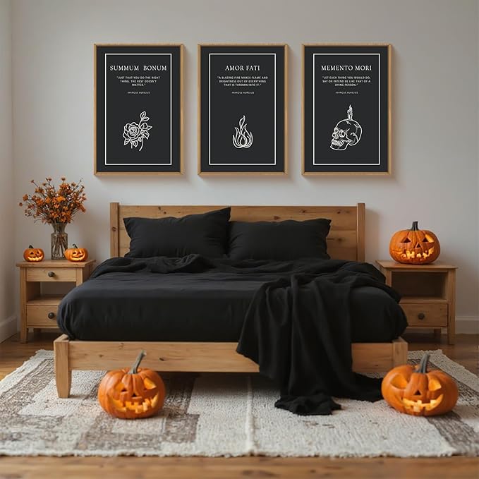 HLNIUC Halloween Canvas Wall Art Set of 3, Black Skeleton Meditations Home Decor, Amor Fati Memento Mori Stoic Art(16x24),Vintage Flower Fire Marcus Aurelius Painting for Living Room, Bedroom, Office