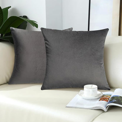 mixeoo Dark Grey Comfy Couch Throw Pillow Covers Decorative Velvet Square Cushion Cases for Livingroom Sofa Decor, Set of 2,18 x 18 Inches
