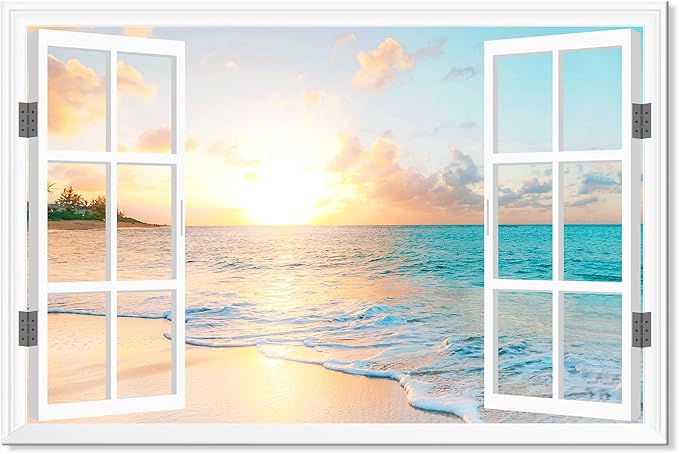 Goldfoilart Ocean Beach Sunset Canvas Wall Art for Bedroom Window Pictures Seagull Seascape Paintings Coastal Picture Framed Artwork for Bathroom Living Room Office Decor 36" x 24"