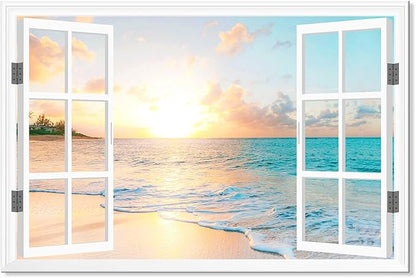 Goldfoilart Ocean Beach Sunset Canvas Wall Art for Bedroom Window Pictures Seagull Seascape Paintings Coastal Picture Framed Artwork for Bathroom Living Room Office Decor 36" x 24"