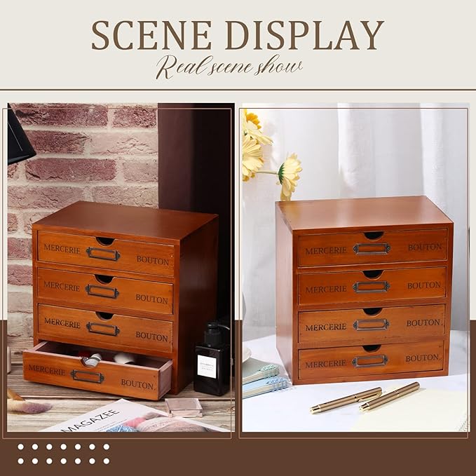 Wesiti 4 Drawer Apothecary Cabinet - Vintage Wooden Desk Organizer - Library Card Catalog Wood Storage Box - Office Desktop Dresser for Stationery, Thread Embroidery, Sewing, Crafts, Junk & Supplies