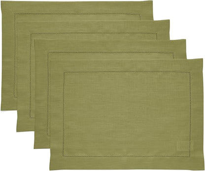 Solino Home Linen Placemats Set of 4 - Classic Hemstitch Avocado Green Placemats 14 x 19 Inch - 100% Pure Linen Table Mats for Winter