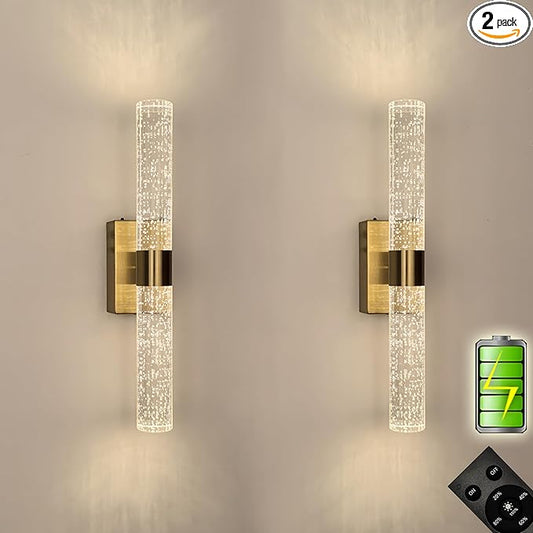 Cordless Rechargeable Crystal Wall Sconces Battery Operated Set of 2 | Brushed Gold Crystal Wall Lights Battery Sconces Wall Decor Picture Light for Living Room Bathroom Bedroom (2 Pack, Gold, 15.5'')