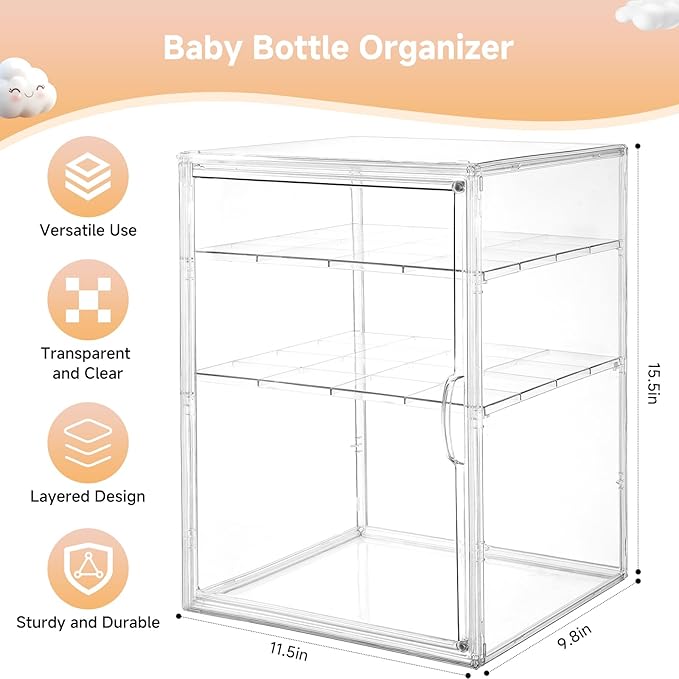 Baby Bottle Organizer, 3 Tiers Adjustable Clear Acrylic Baby Bottle Storage Organizer with 3 Removable Dividers and Magnetic Door, Suitable for Countertop and Kitchen