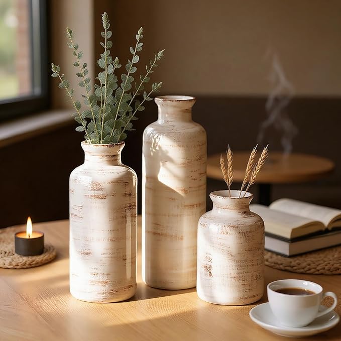 Nicunom Ceramic Vase Set of 3, Rustic Ceramic Flower Vase for Home Decor, Boho Decorative vase for Room, Centerpiece,Table, Shelf, Mantel and Entryway Decor