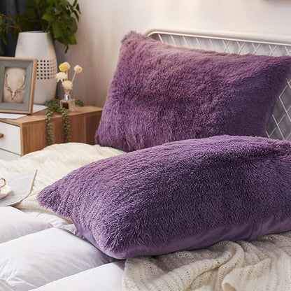 Uhamho Set of 2 Faux Fur Throw Pillow Covers Soft Velvet Decorative Pillowcases Zipper Closure (Purple, 20"x36")