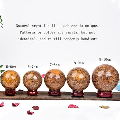 JIC Gem Real Natural Crystal Sphere Ball with Wooden Stand for Fengshui Golden Jade Healing Crystal Ball Decoation Meditation Energy Reiki Ball (90-100mm)