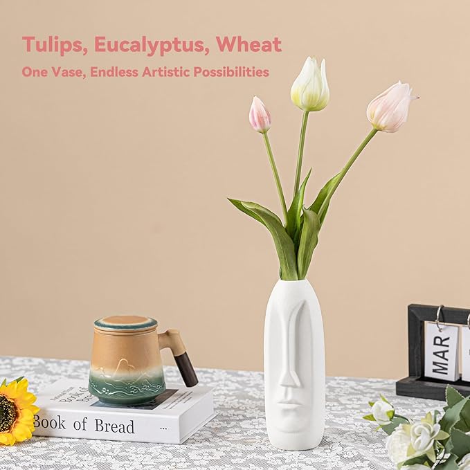 White Ceramic Face Vase - 8.4" Unique Flower Vase with Matte Finish, Decorative Boho/Farmhouse Vase for Pampas Grass & Centerpieces, Living Room/Office Desk Decor & Gift for Her/Yourself